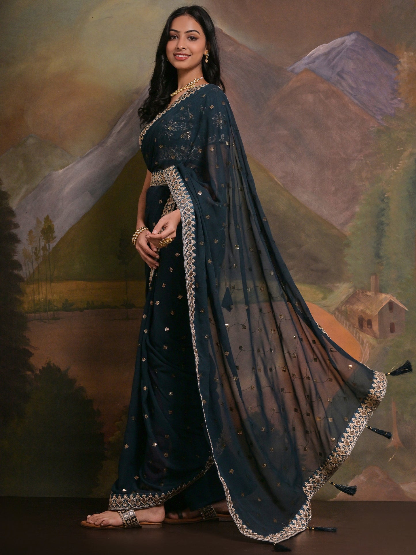 Women's Georgette Teal blue Embellished Designer Saree With Blouse Piece