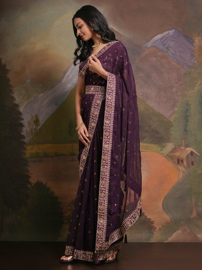 Women's Georgette Purple Embellished Designer Saree With Blouse Piece