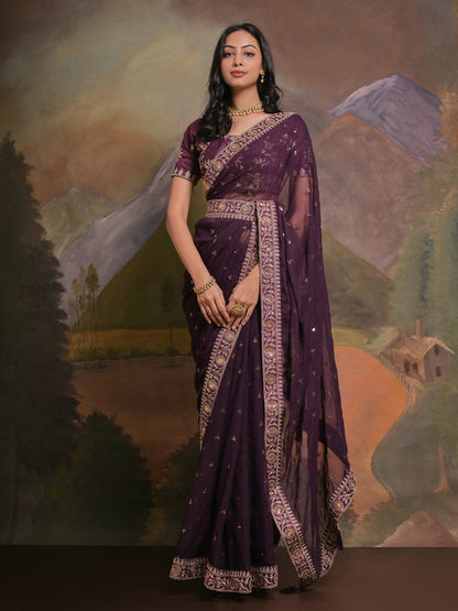 Women's Georgette Purple Embellished Designer Saree With Blouse Piece