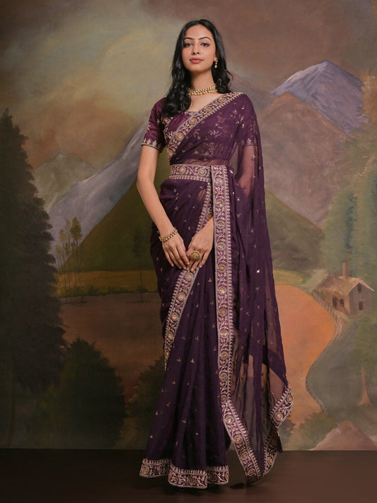 Women's Georgette Purple Embellished Designer Saree With Blouse Piece
