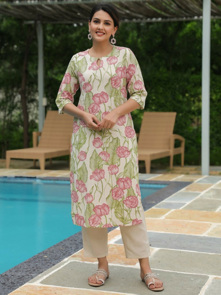 Women's Straight Linen Cotton Floral Print Women's Kurta - Off White