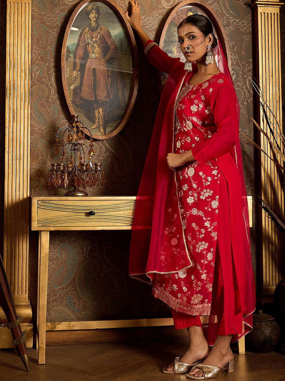 Floral Zari Embroidered Straight Kurta with Trouser & Dupatta