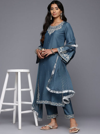 Dhiyona VA Women's Floral Embroidered Regular Kurta Trousers With Dupatta