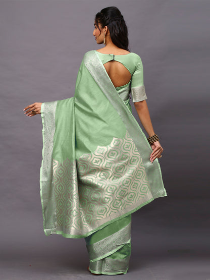 Women's Linen Blend Green Woven Design Designer Saree With Blouse Piece
