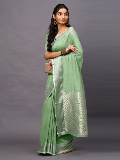 Women's Linen Blend Green Woven Design Designer Saree With Blouse Piece
