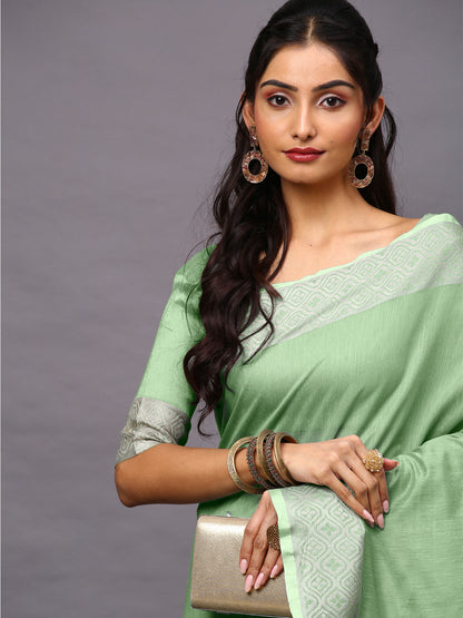 Women's Linen Blend Green Woven Design Designer Saree With Blouse Piece