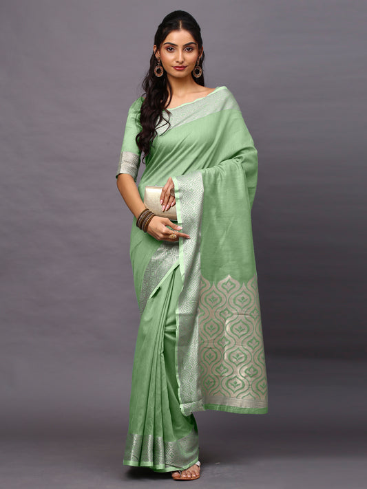Women's Linen Blend Green Woven Design Designer Saree With Blouse Piece