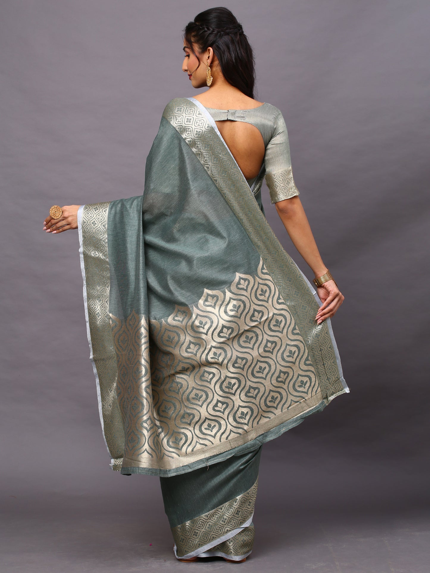 Women's Linen Blend Sea Green Woven Design Designer Saree With Blouse Piece