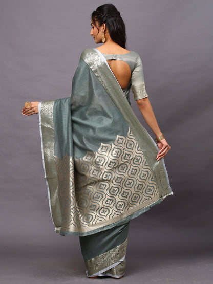 Women's Linen Blend Sea Green Woven Design Designer Saree With Blouse Piece