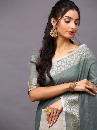 Women's Linen Blend Sea Green Woven Design Designer Saree With Blouse Piece