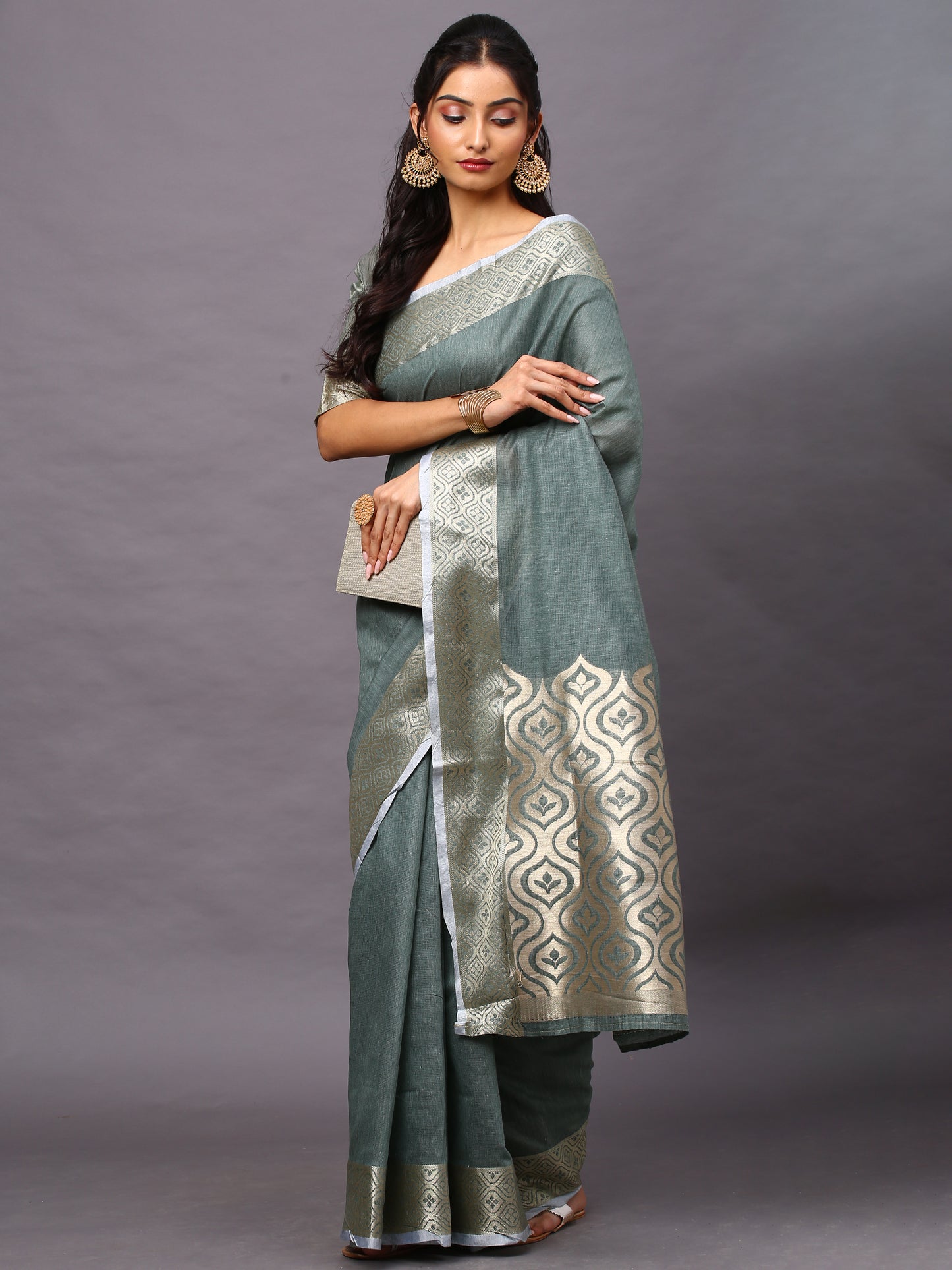 Women's Linen Blend Sea Green Woven Design Designer Saree With Blouse Piece