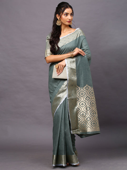Women's Linen Blend Sea Green Woven Design Designer Saree With Blouse Piece