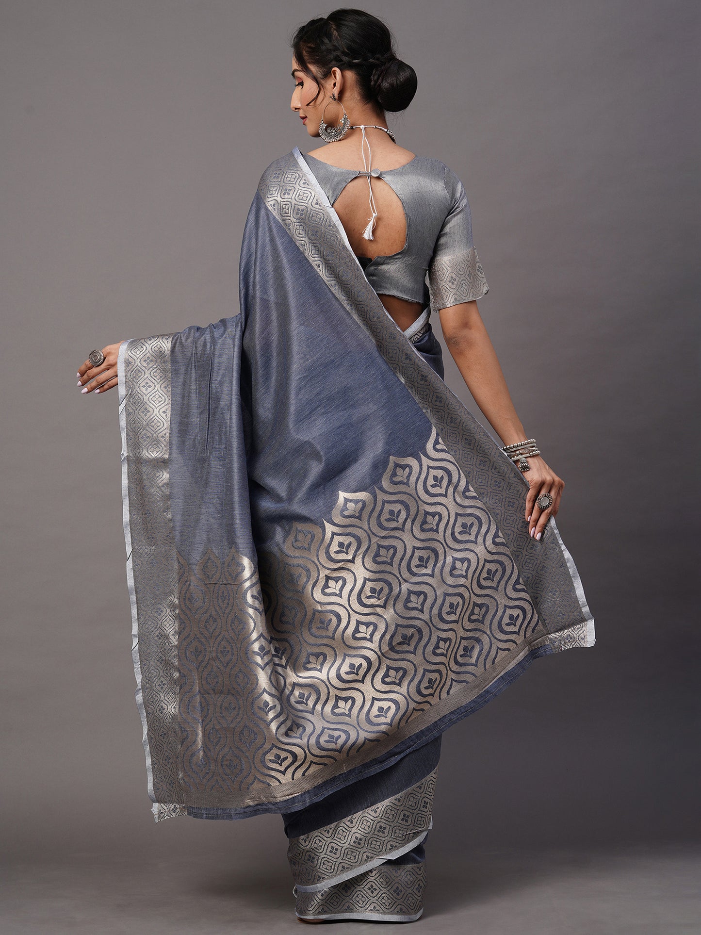 Women's Linen Blend Blue Woven Design Celebrity Saree With Blouse Piece
