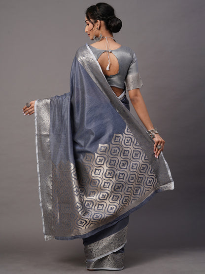 Women's Linen Blend Blue Woven Design Celebrity Saree With Blouse Piece