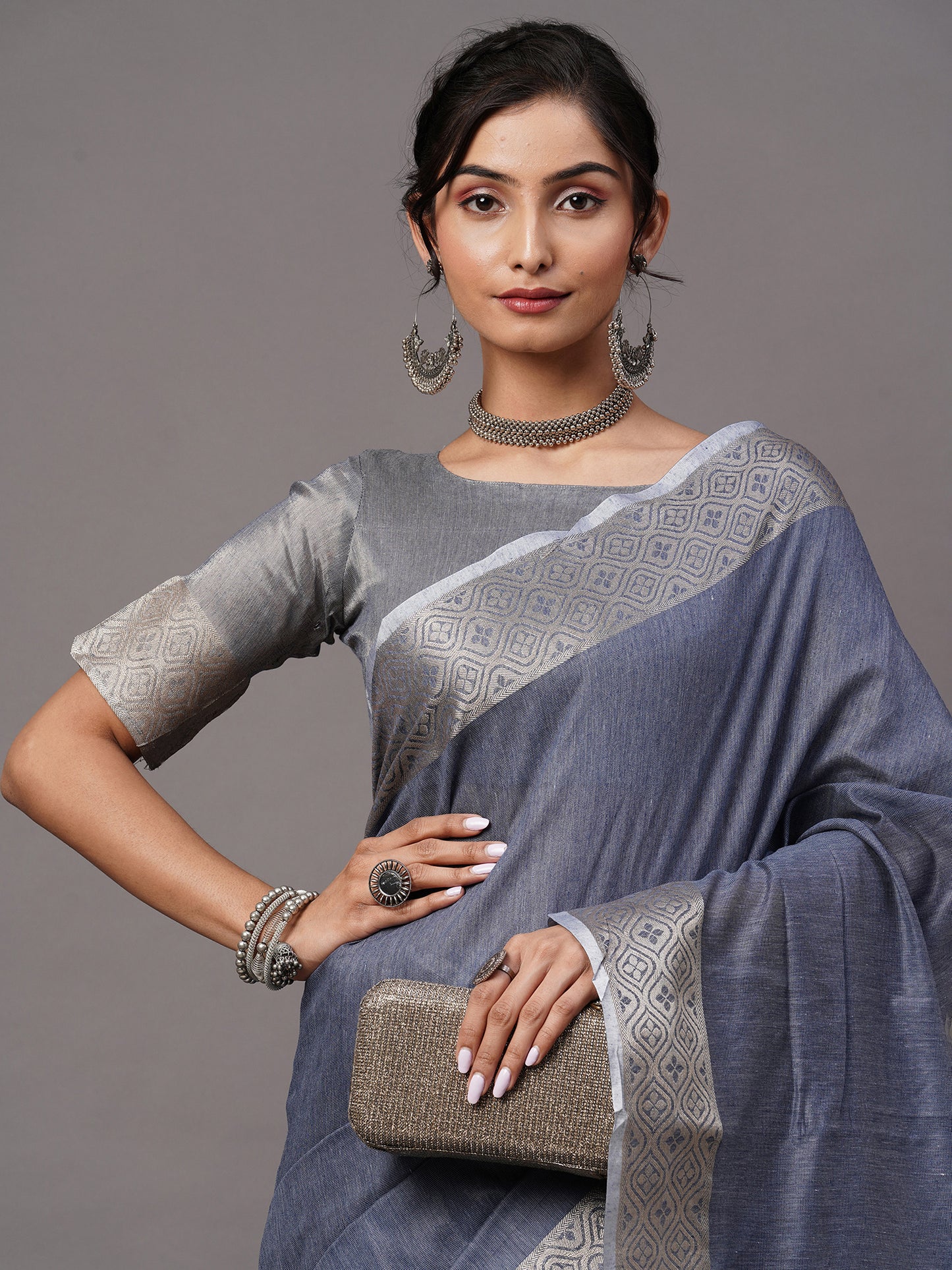 Women's Linen Blend Blue Woven Design Celebrity Saree With Blouse Piece