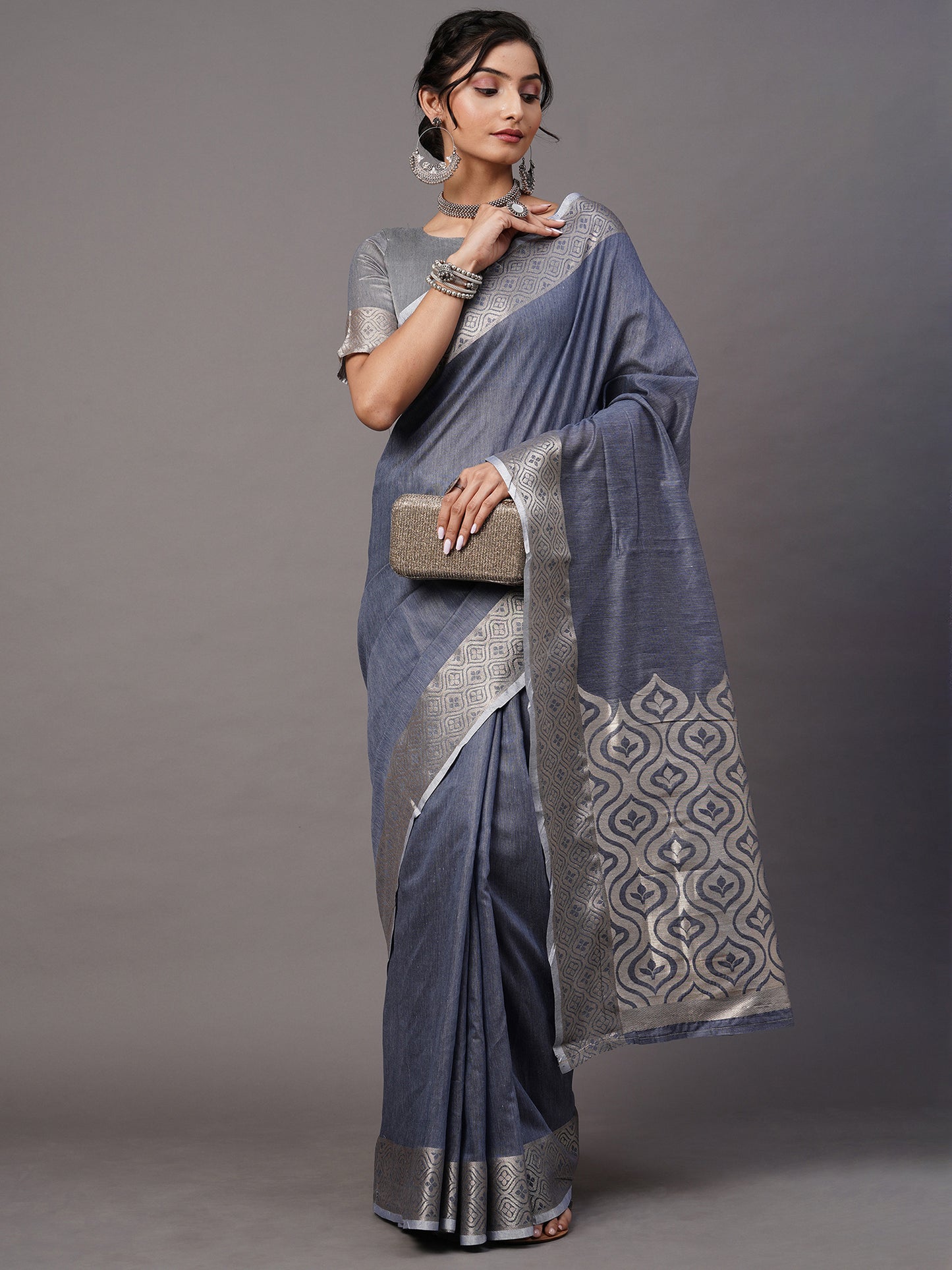 Women's Linen Blend Blue Woven Design Celebrity Saree With Blouse Piece