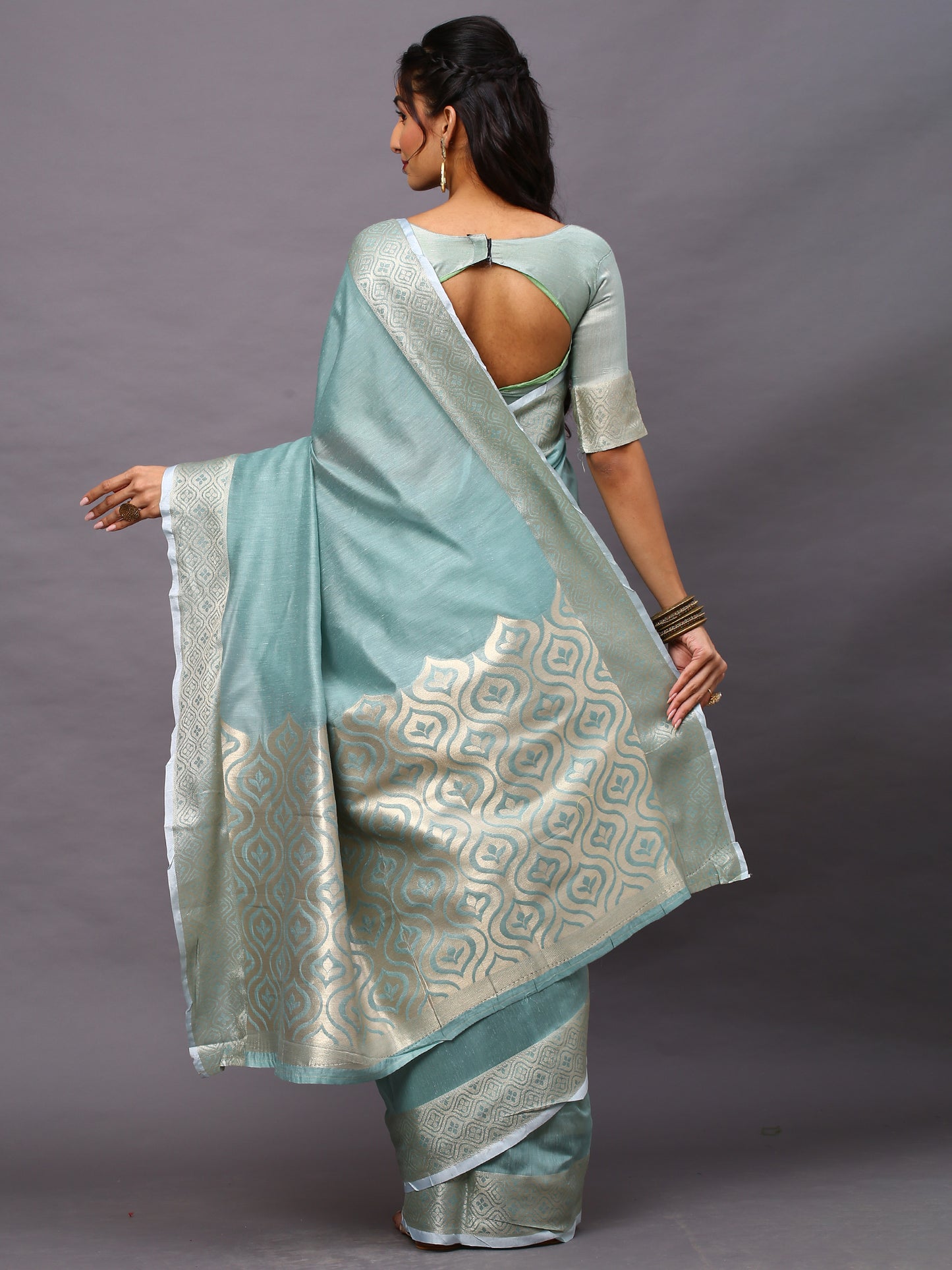 Women's Linen Blend Sea Green Woven Design Designer Saree With Blouse Piece