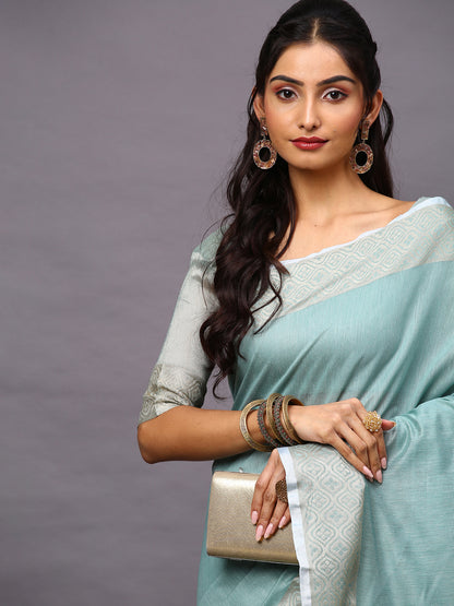 Women's Linen Blend Sea Green Woven Design Designer Saree With Blouse Piece
