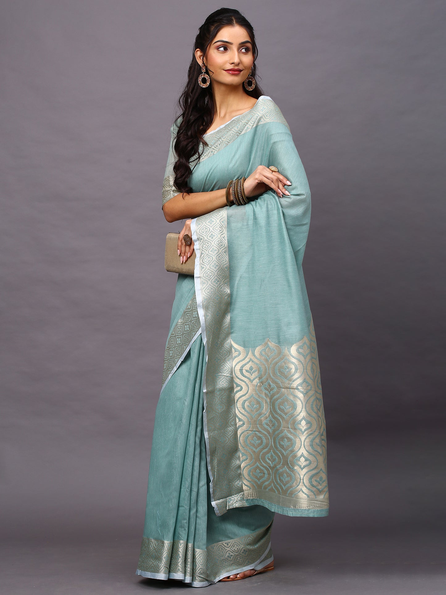Women's Linen Blend Sea Green Woven Design Designer Saree With Blouse Piece