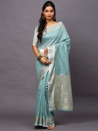 Women's Linen Blend Sea Green Woven Design Designer Saree With Blouse Piece