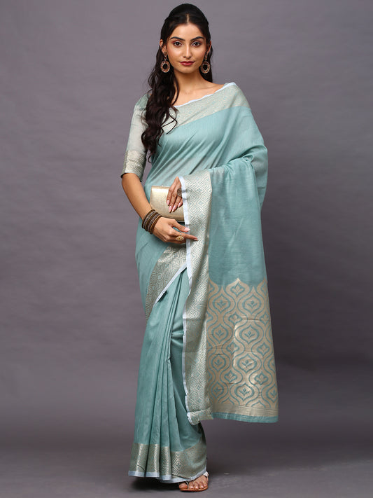 Women's Linen Blend Sea Green Woven Design Designer Saree With Blouse Piece