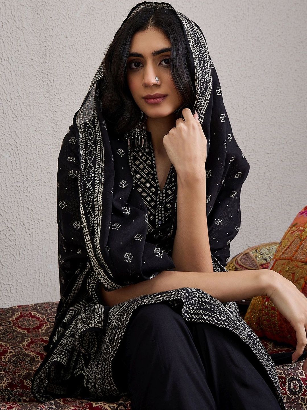 Women Bandhani Printed Cotton Kurta with Trousers & Dupatta