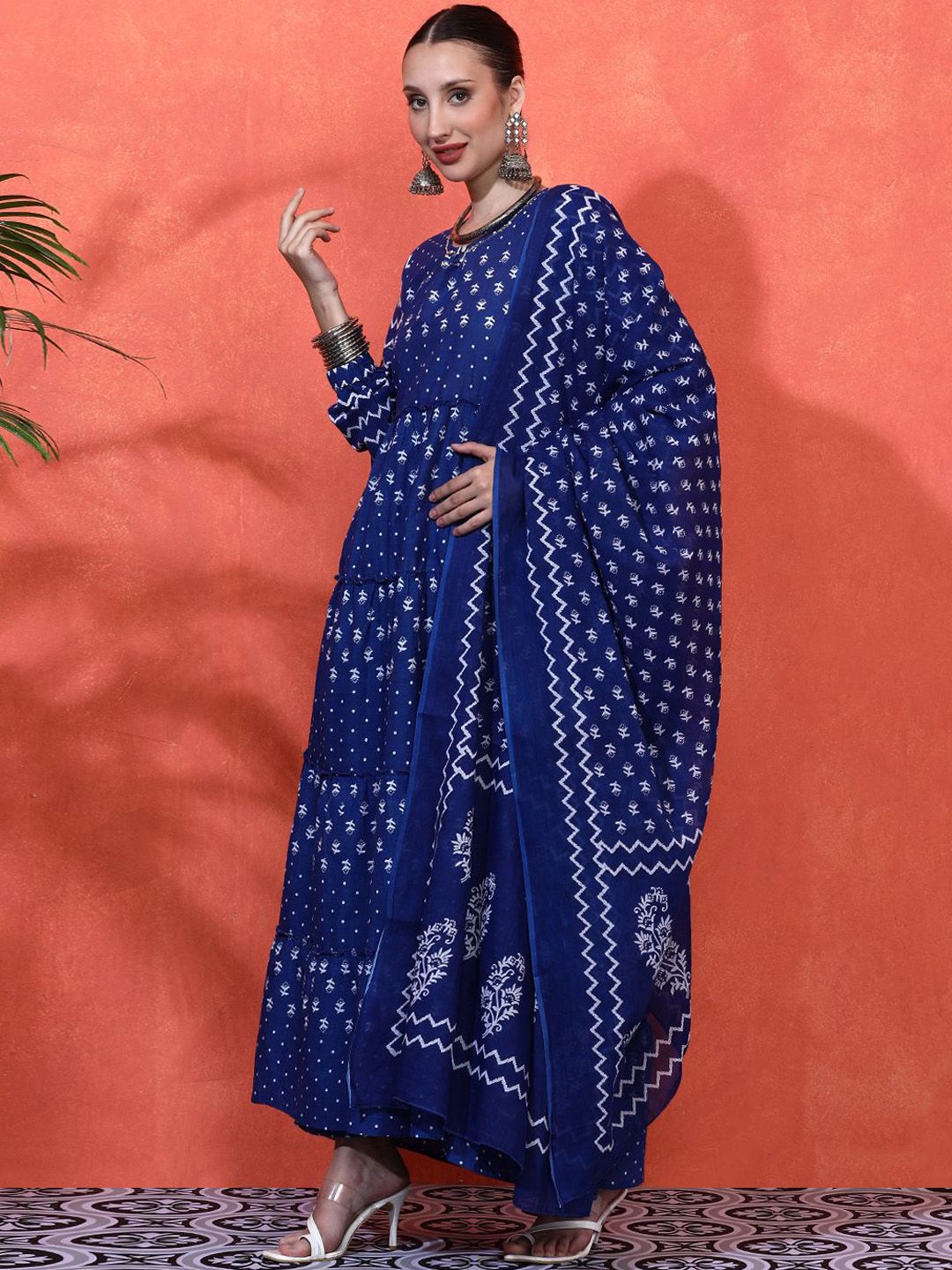 Dhiyona SN Women's Floral Printed Pure Cotton A-Line Kurta & Trousers With Dupatta