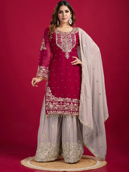Dhiyona KL Women Ethnic Motifs Embroidered Regular Kurta with Sharara & With Dupatta