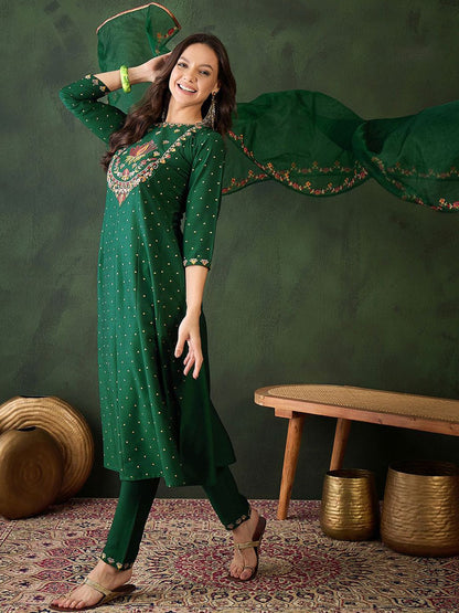 Dhiyona SN Women's Floral Embroidered Zari Sequence A Line Kurta & Trouser With Dupatta