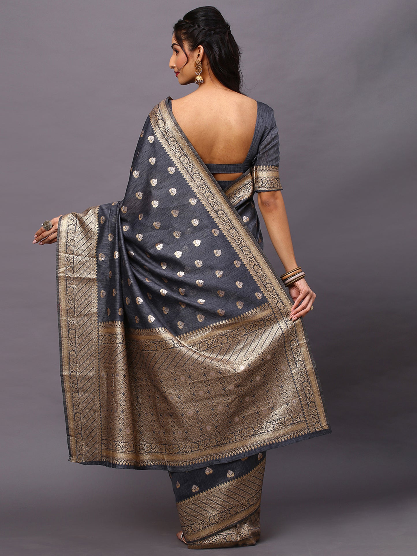 Women's Silk Blend Grey Woven Design Woven saree With Blouse Piece