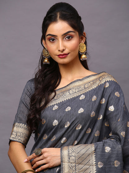 Women's Silk Blend Grey Woven Design Woven saree With Blouse Piece