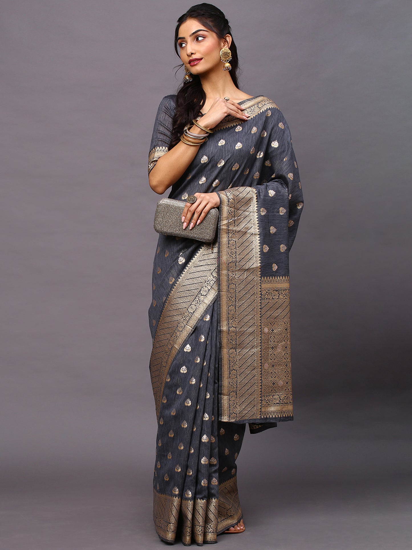 Women's Silk Blend Grey Woven Design Woven saree With Blouse Piece