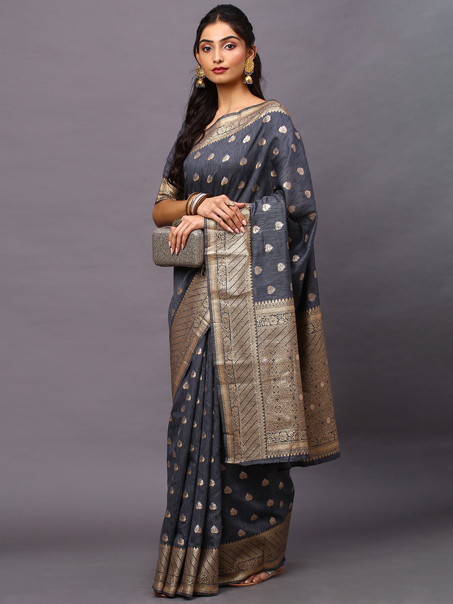Women's Silk Blend Grey Woven Design Woven saree With Blouse Piece