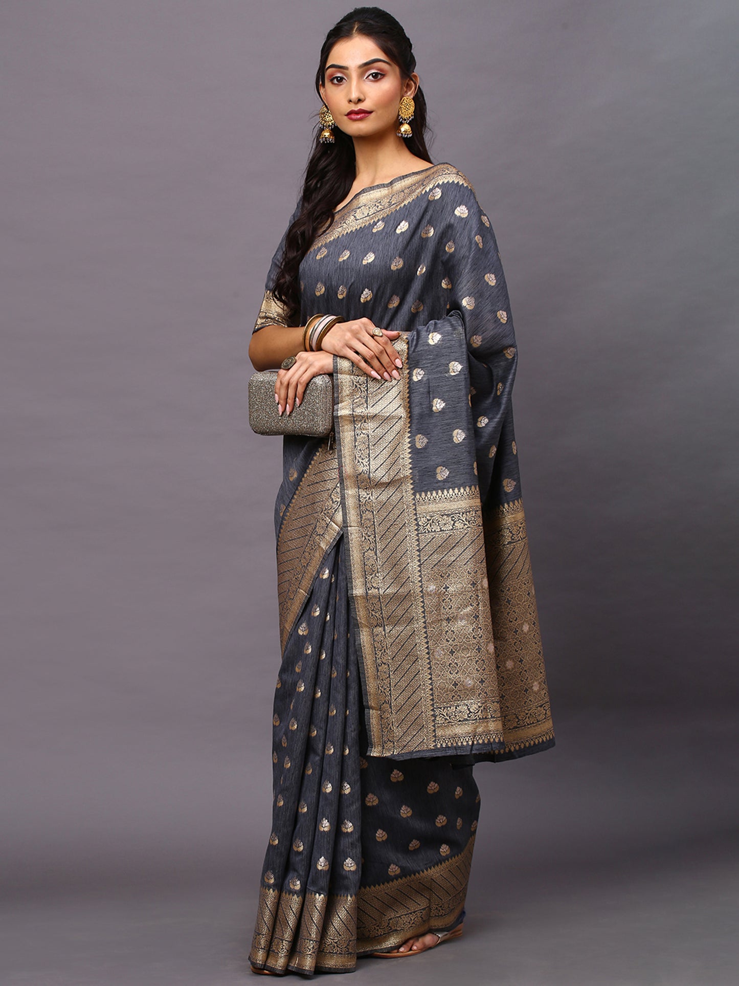 Women's Silk Blend Grey Woven Design Woven saree With Blouse Piece