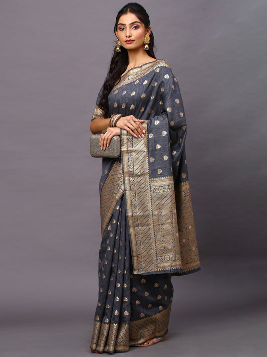 Women's Silk Blend Grey Woven Design Woven saree With Blouse Piece