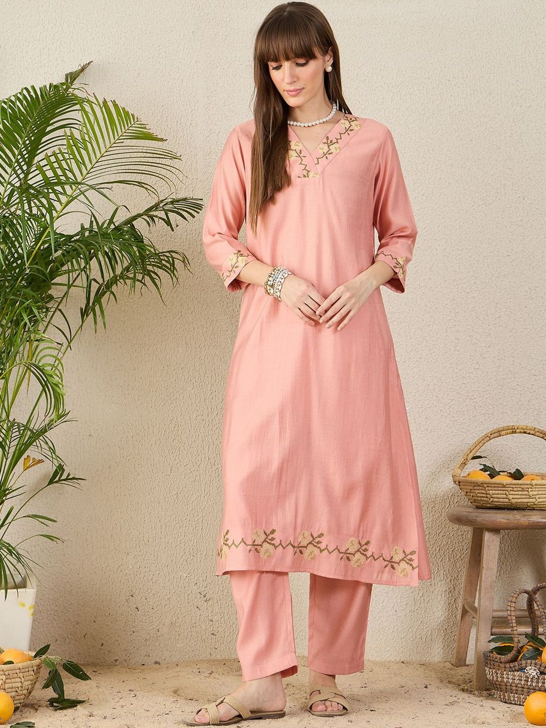 Women Floral Embroidered V-NeckThread Work Kurta with Trousers