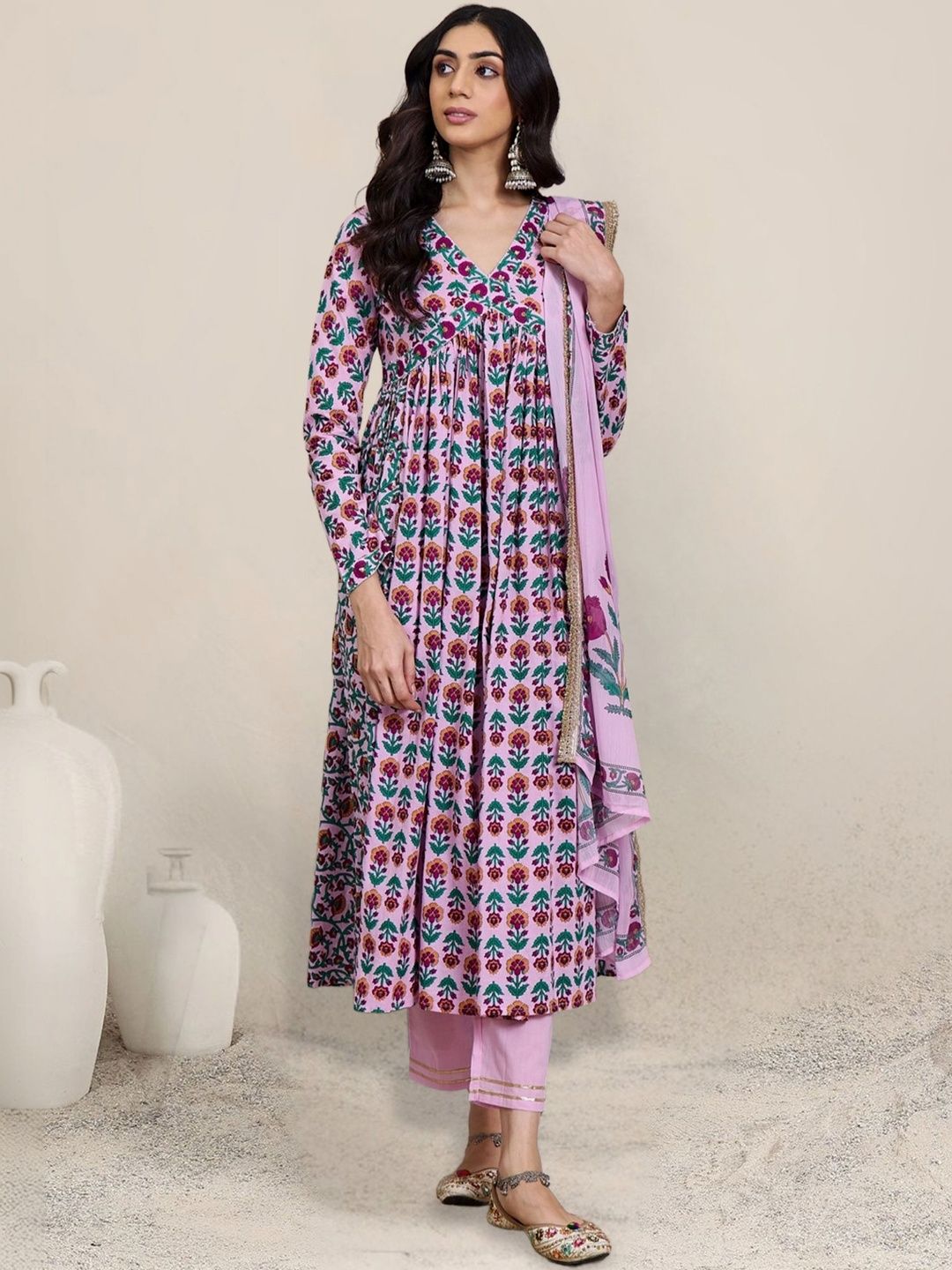 Women Floral Printed Panelled Pure Cotton Kurta with Trousers & With Dupatta