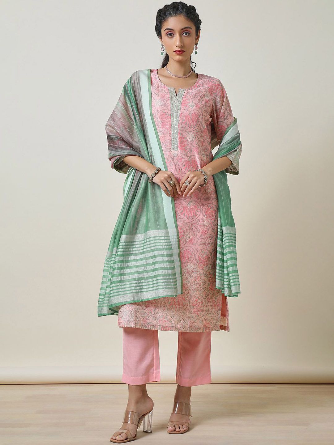 Dhiyona SO Women's Pink Ethnic Motifs Printed Thread Work Chanderi Silk Kurta With Trousers & Dupatta