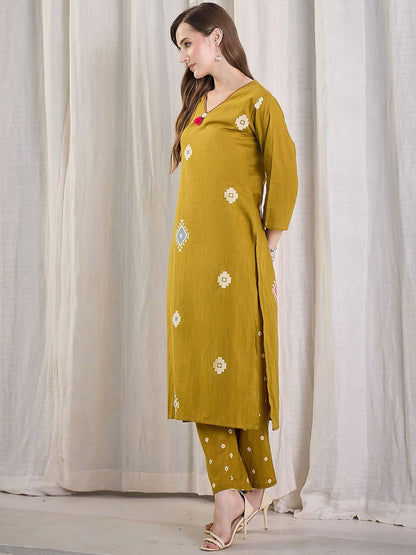 Dhiyona IE Ethnic Motifs Printed Pure Cotton V-Neck Top With Trousers