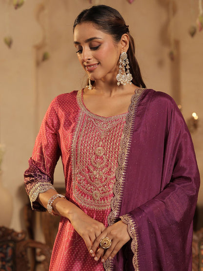 Bandhani Printed Straight Sequinned Kurta With Trousers & Dupatta