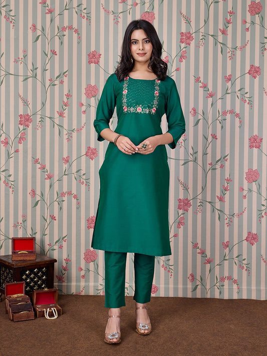 Dhiyona OD  Women Round Neck Three-Quarter Sleeves Embroidered Straight Kurta