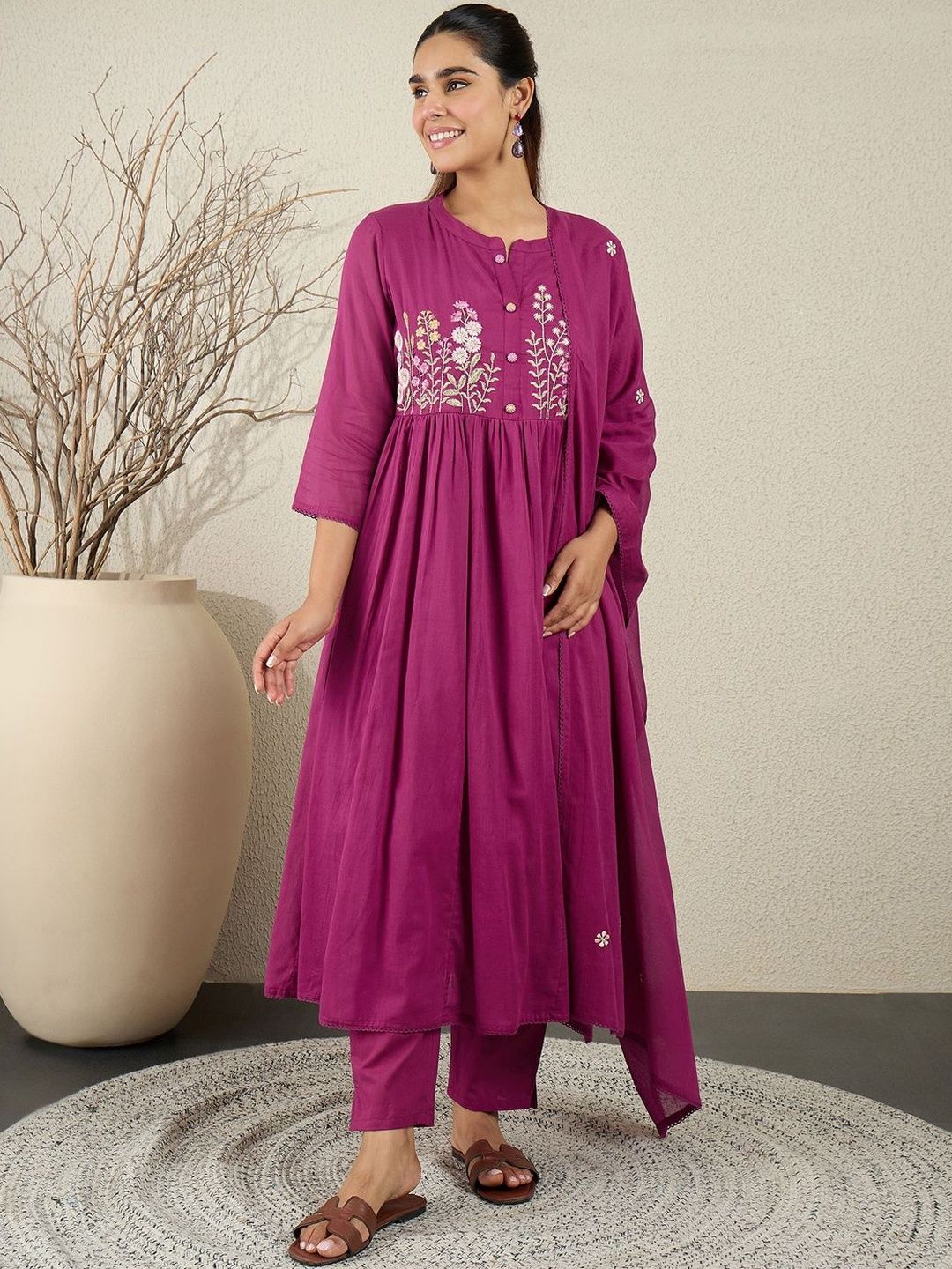 Dhiyona IE Women Floral Embroidered Cotton Anarkali Kurta with Trousers & Dupatta