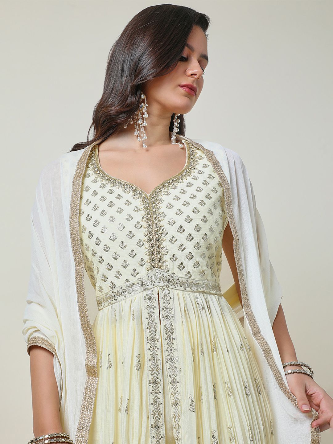 Dhiyona SO Women's Floral Printed Empire Sequinned Anarkali Kurta with Palazzos & Dupatta