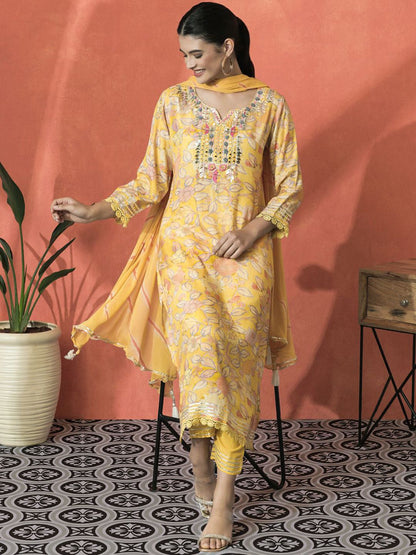 Dhiyona SN Women's Floral Embroidered V-Neck Mirror Work Cotton Straight Kurta With Trouser & Dupatta