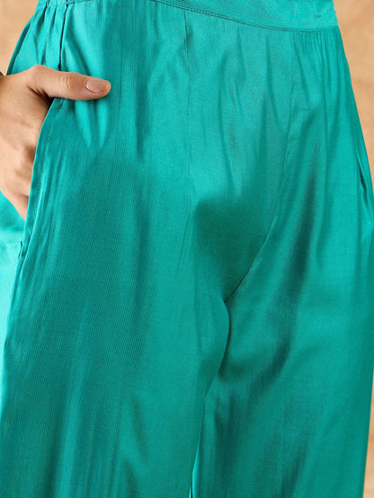 Ethnic Motifs Embroidered A-Line Sequinned Liva Kurta with Trousers & Dupatta