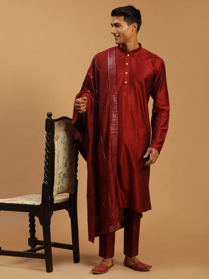 Men's Maroon Viscose Straight Kurta  Pyjama & Dupatta Set