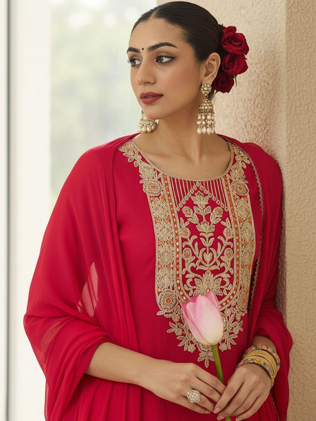 Ethnic Motifs Embroidered Thread Work Kurta With Trousers & Dupatta