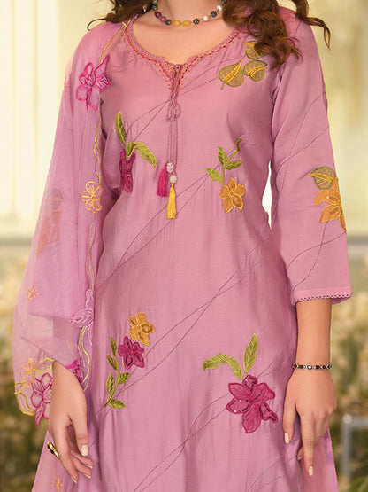 Floral Embroidered Tie-Up Neck Kurta With Trousers & Dupatta