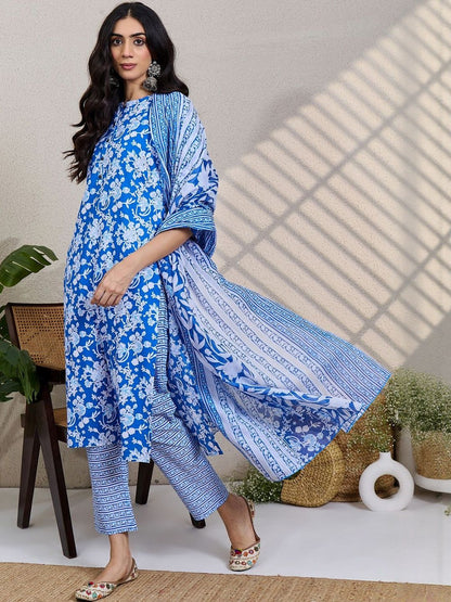Women Floral Printed Regular Pure Cotton Kurta with Trousers & With Dupatta