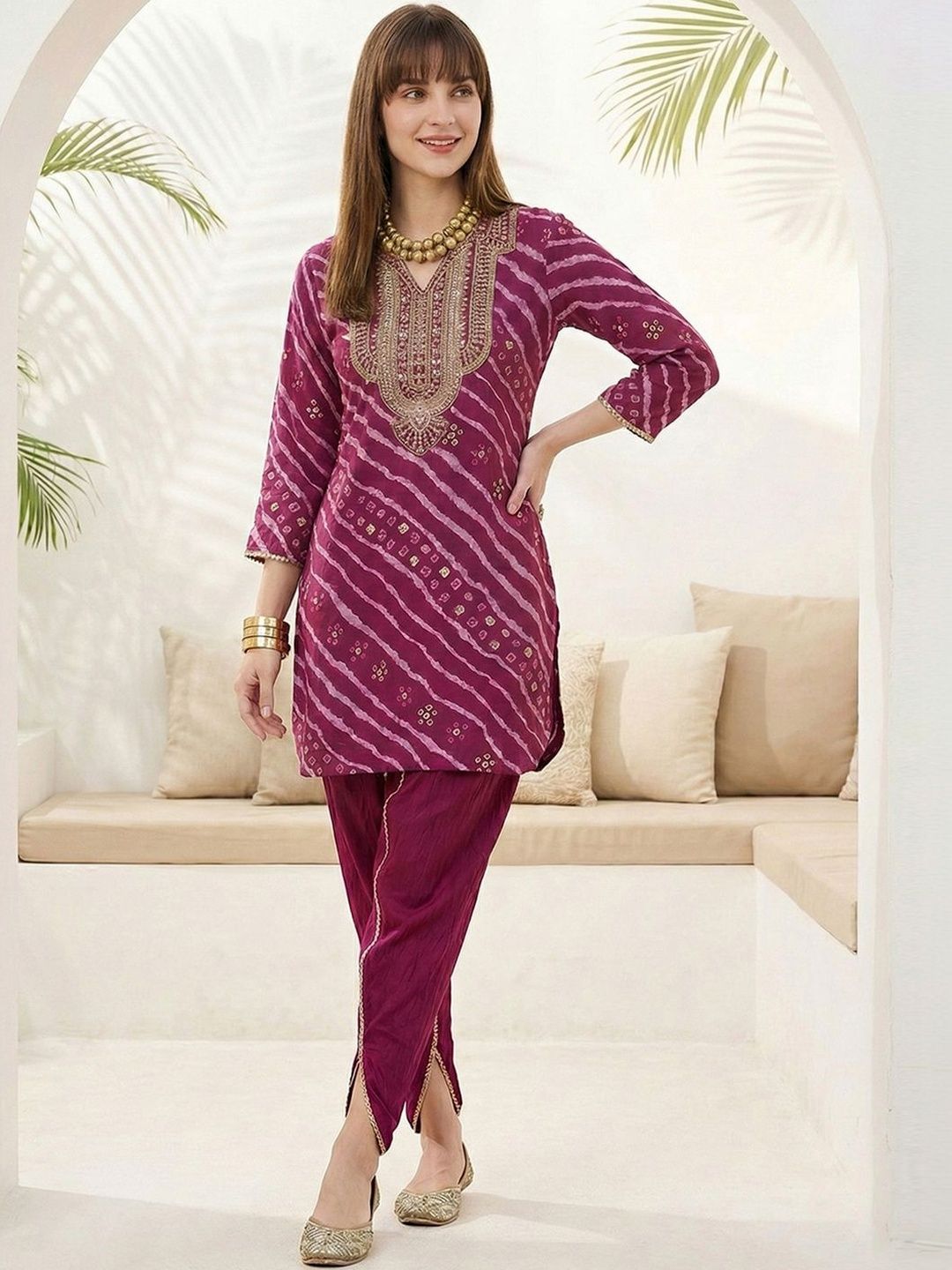 Dhiyona CH Women Leheriya Printed Regular Sequinned Kurta with Dhoti Pants